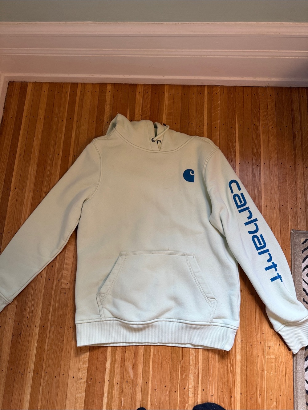 Carhartt Mint Green Hoodie with Blue Logo Sleeve